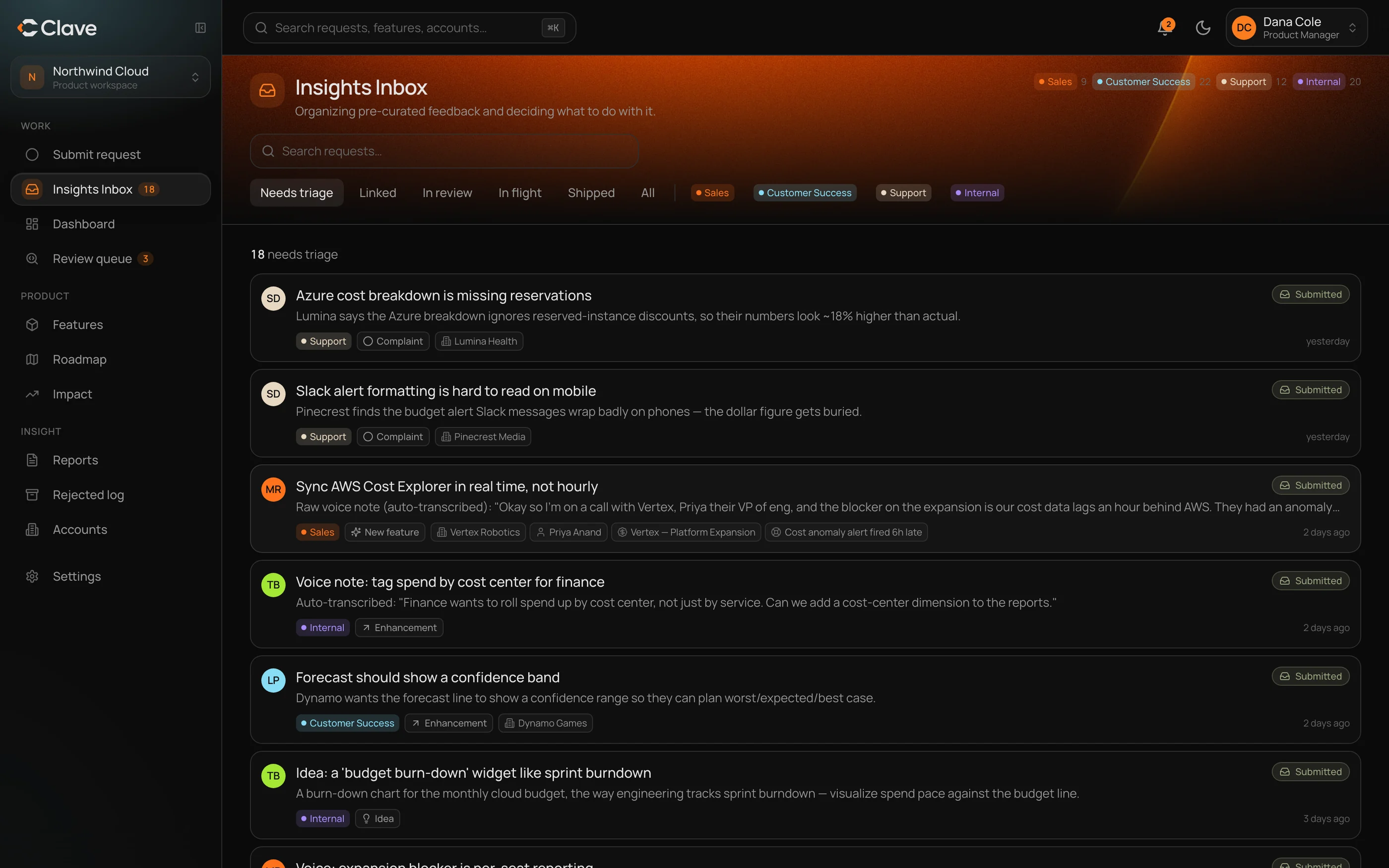 Clave's Insights Inbox: eighteen requests grouped by lifecycle state with source filters.