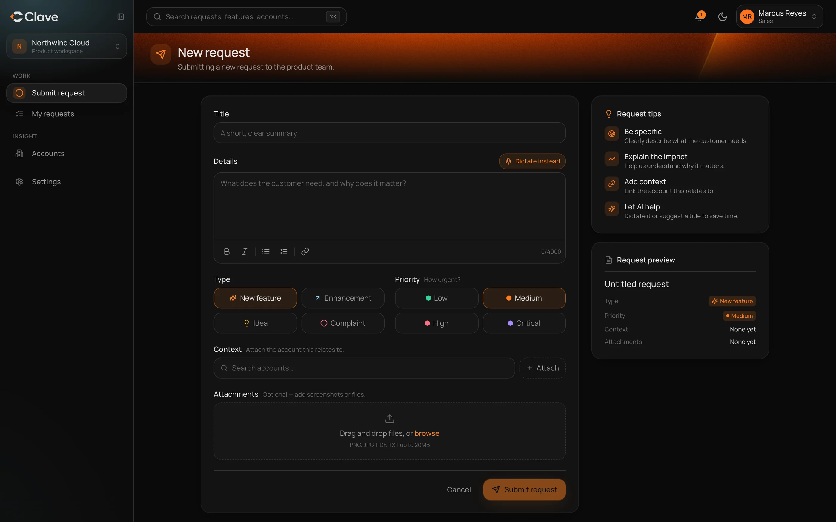 Clave's submit form: a rich-text editor with a dictate option, type and priority pickers, attachable account context and a live preview of the resulting request card.