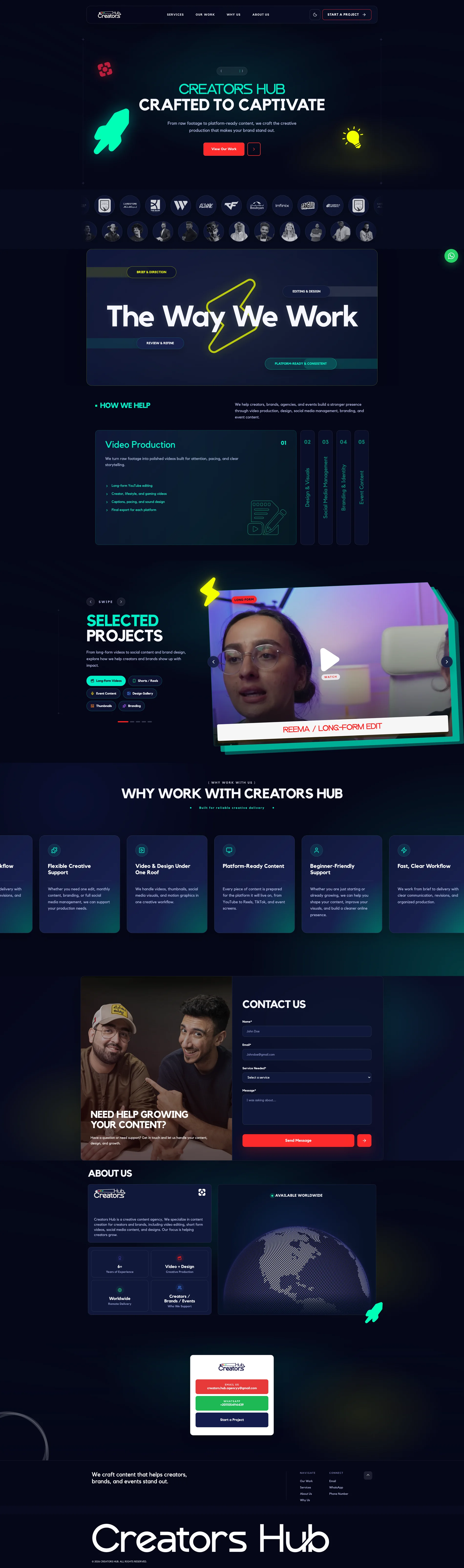 The whole Creators Hub page in dark, top to bottom: hero, client wall, the way we work, services, selected projects, testimonials, about and contact.