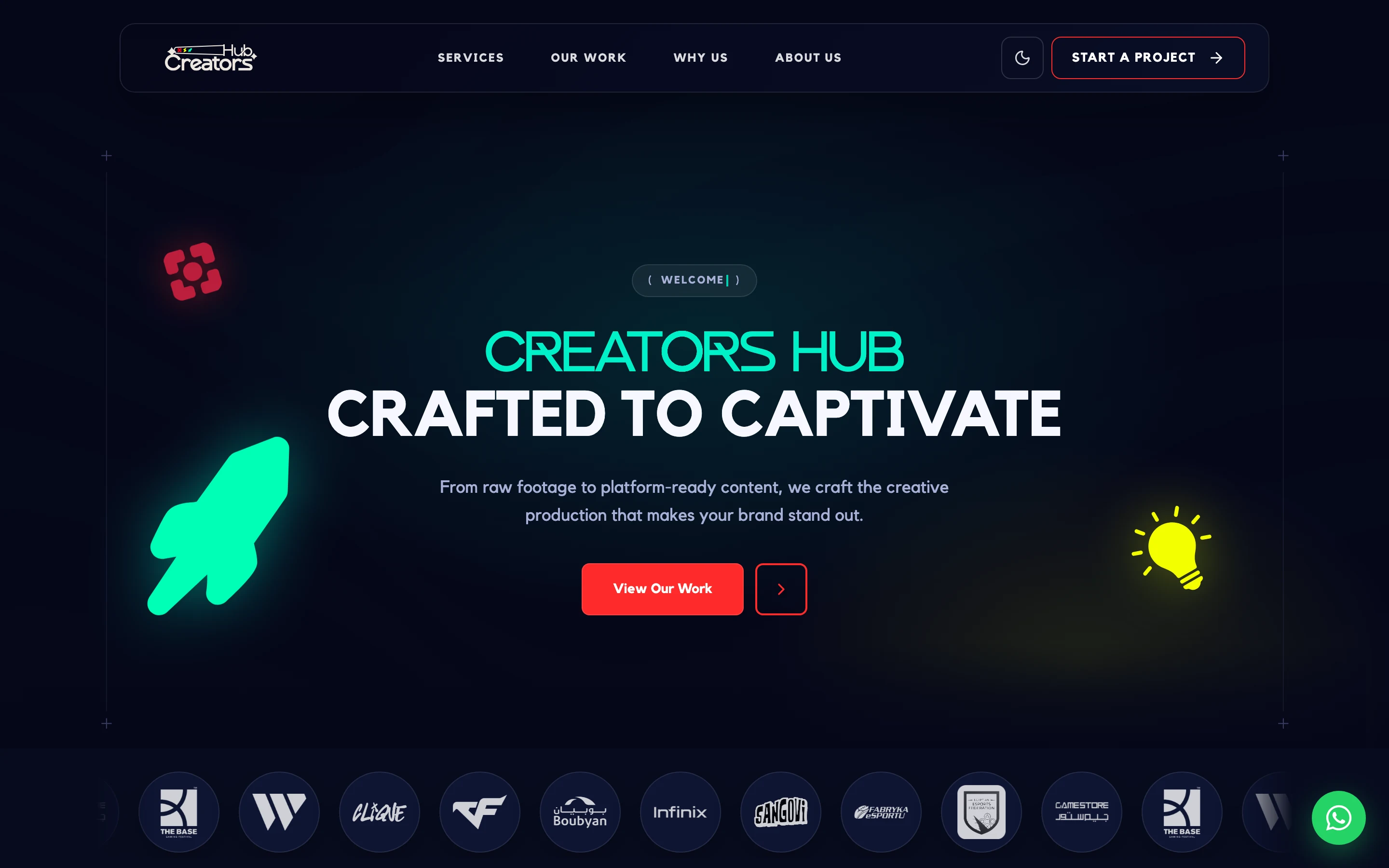 Creators Hub in dark: a neon green wordmark over deep navy, a rocket and lightbulb motif, and a row of client logos.