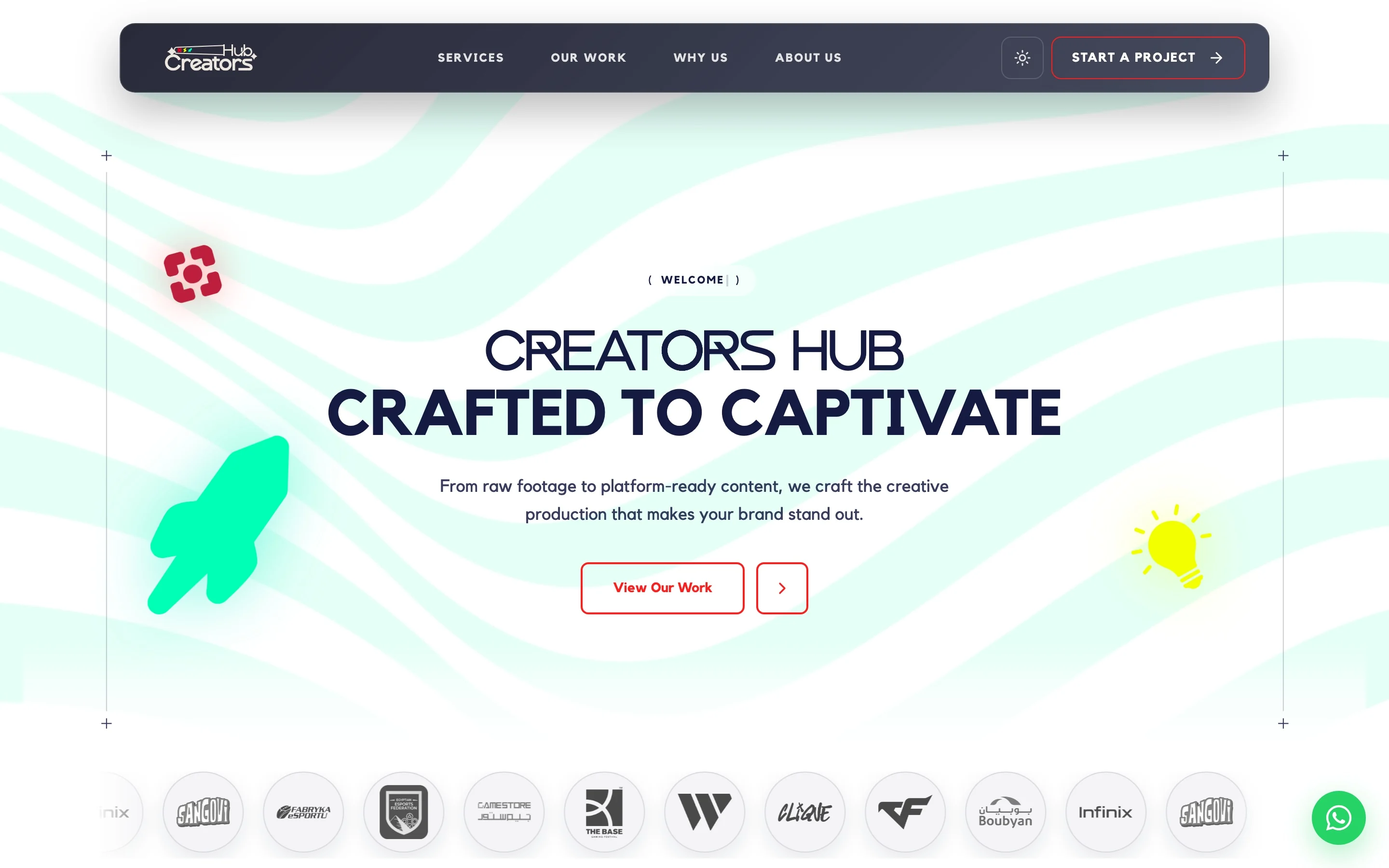 The same Creators Hub hero in light: the identical layout on a pale ground with the accents re-weighted.