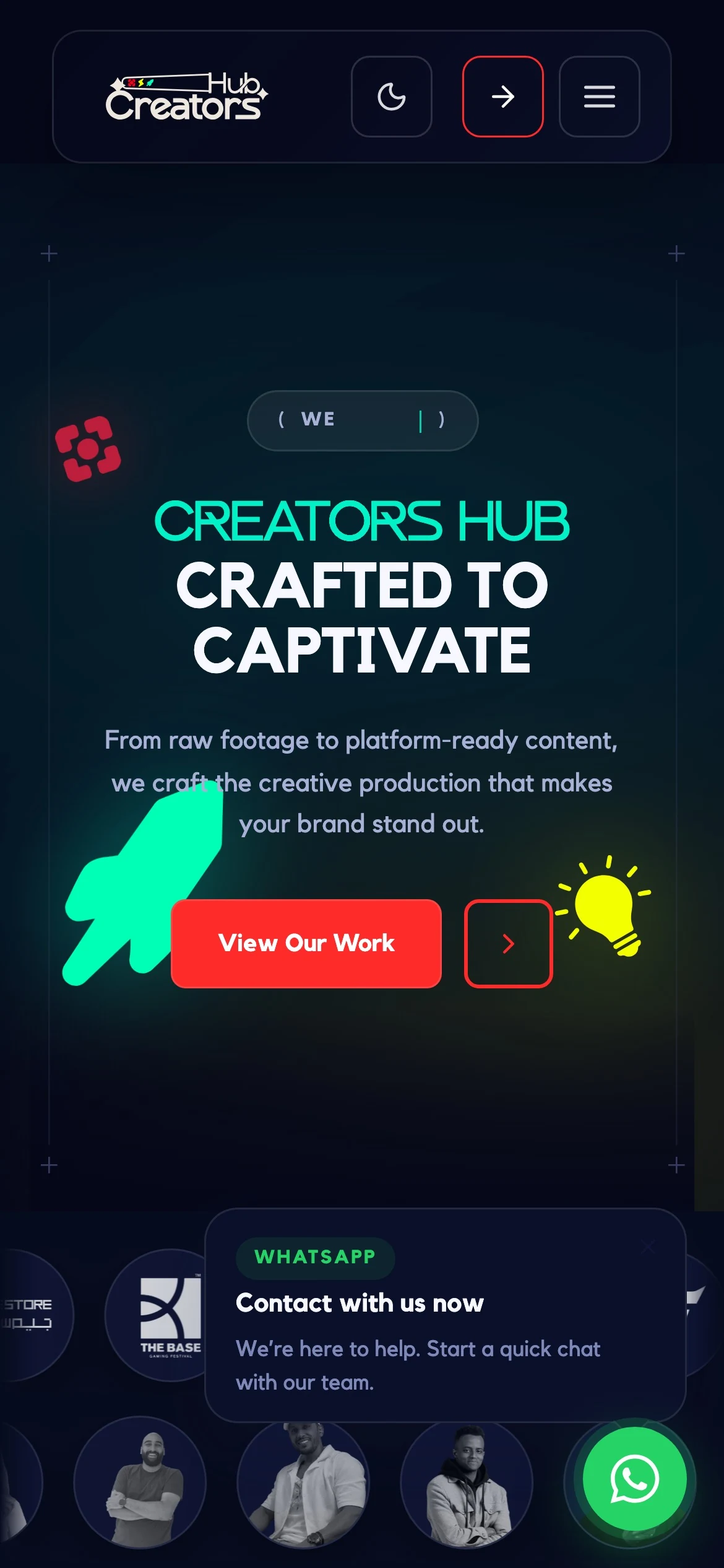 Creators Hub on mobile: the wordmark, headline and call to action stacked, with the client logos below.