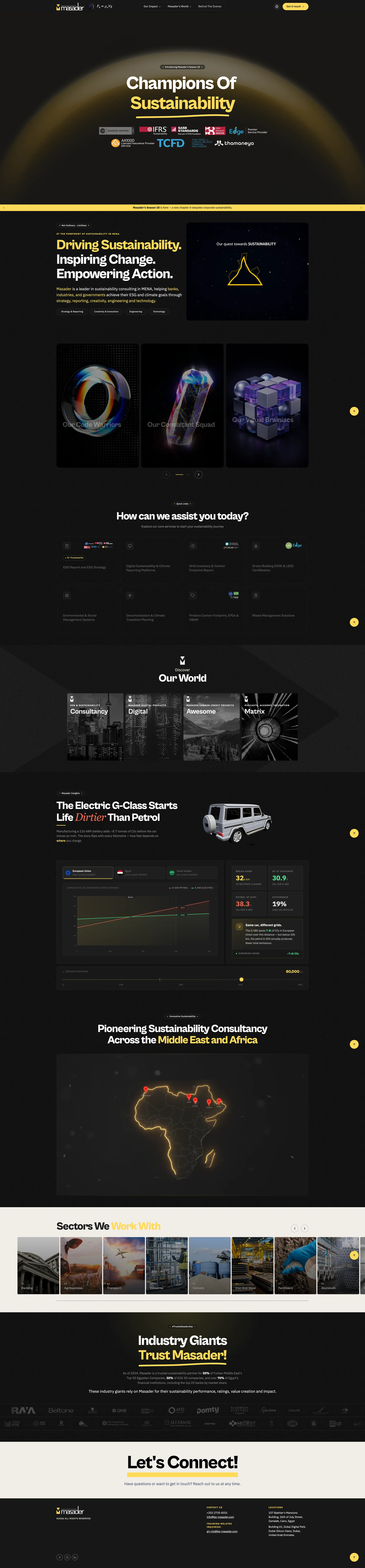 The full Masader home page top to bottom: hero, positioning statement, three capability cards, the services grid, the interactive emissions model, the sectors carousel, client logos and footer.