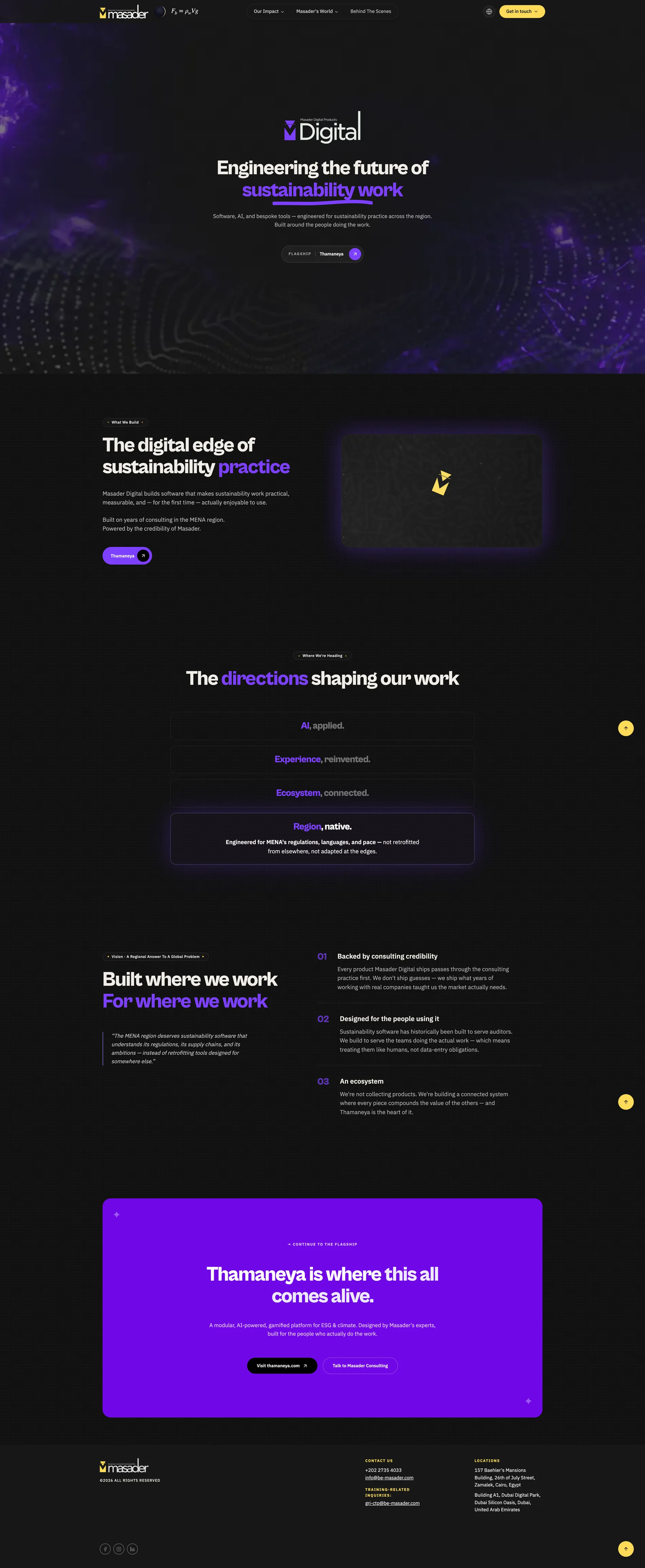 The full Masader Digital page: the software product line, platform capabilities and reporting tools.