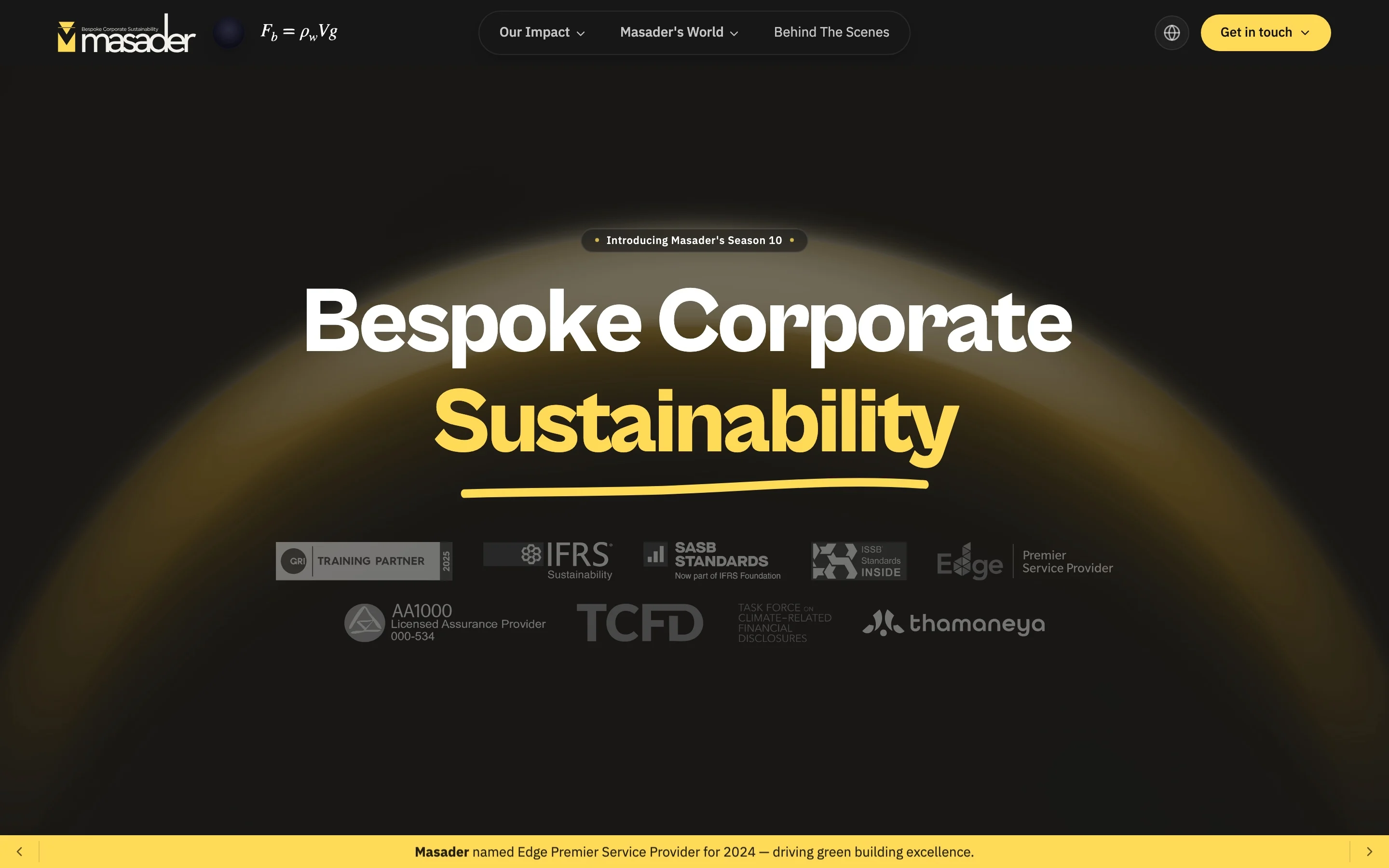 The Masader home page hero: Bespoke Corporate Sustainability set large over a dark field, with eleven accreditation marks beneath.