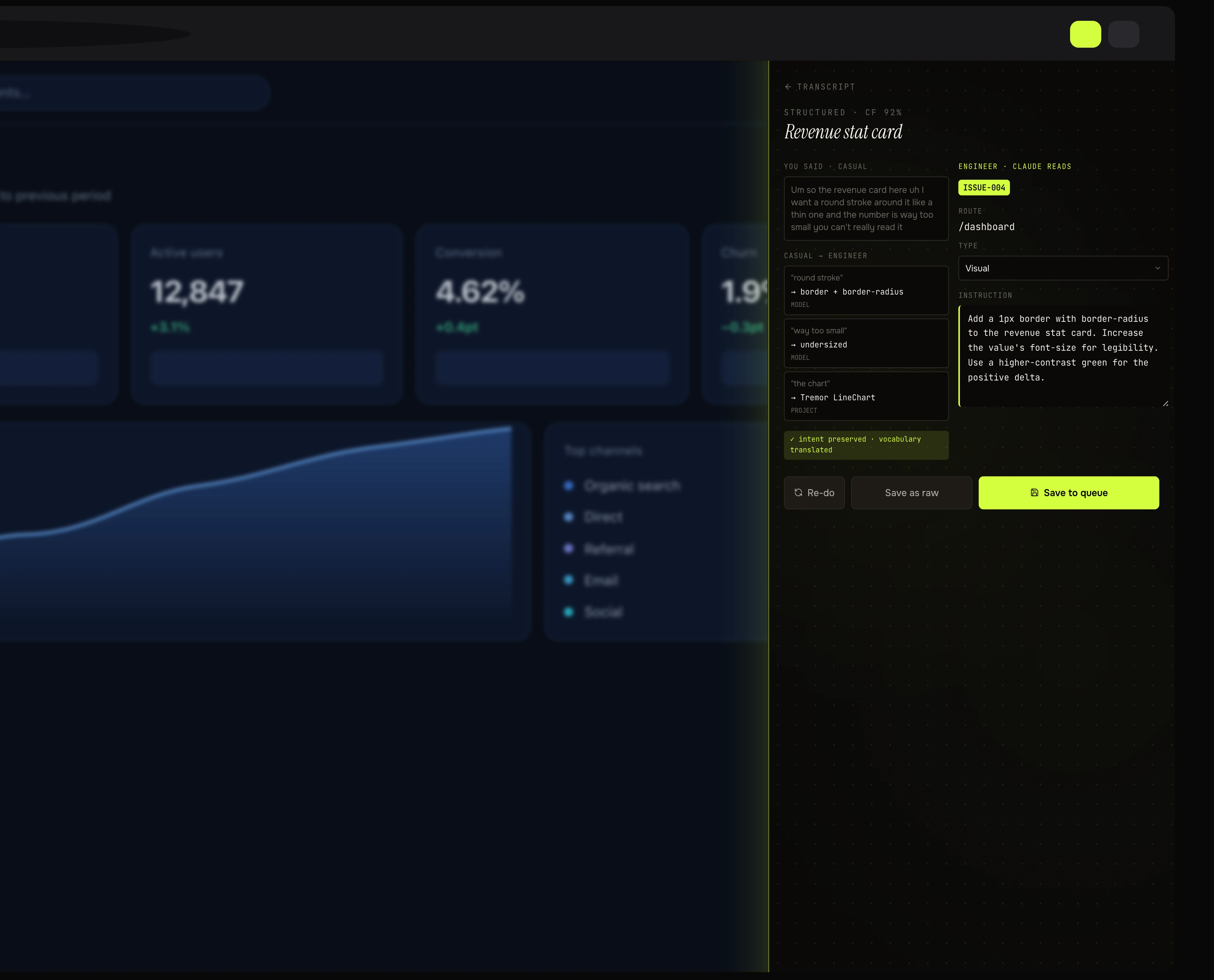 Relay running as a Chrome extension: a browser window on a localhost dashboard with the Relay side panel docked to the right.