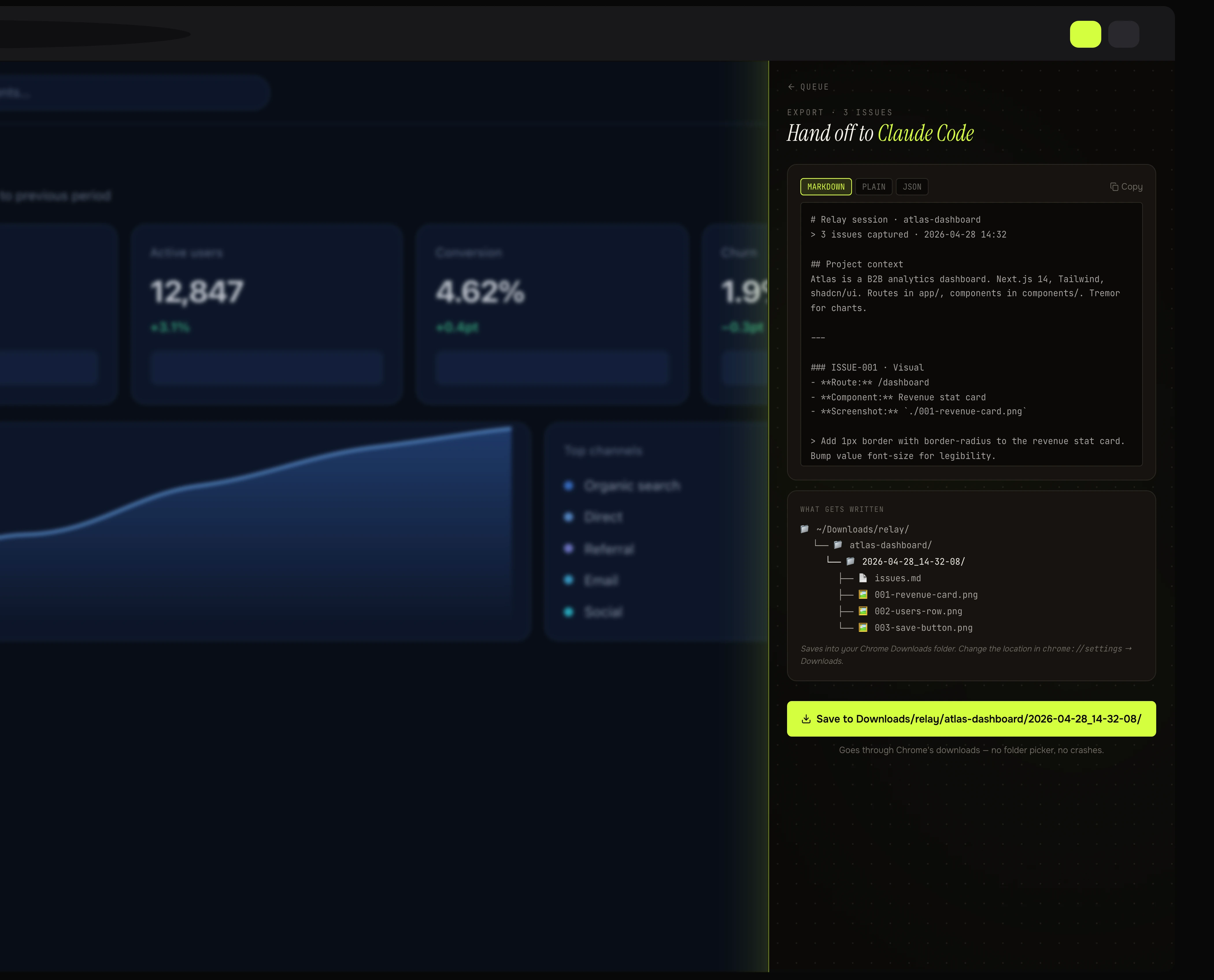 Relay's export screen showing the exact folder tree that will be written to disk.