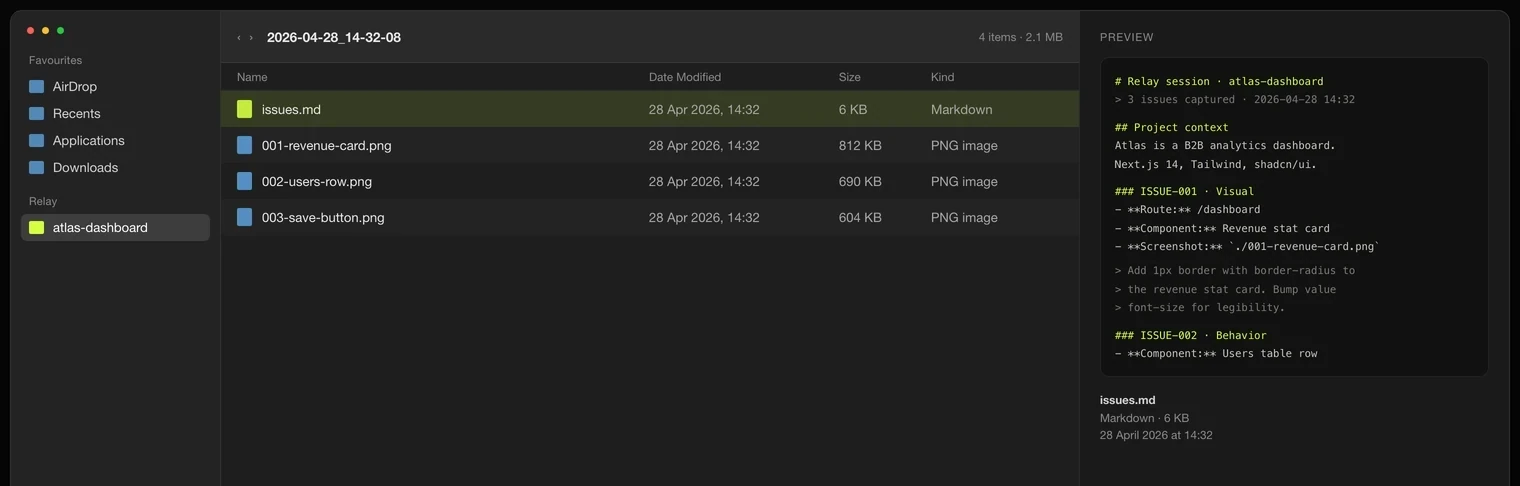The exported folder open in Finder: issues.md selected with its markdown previewed on the right, above the three numbered PNG screenshots it references.