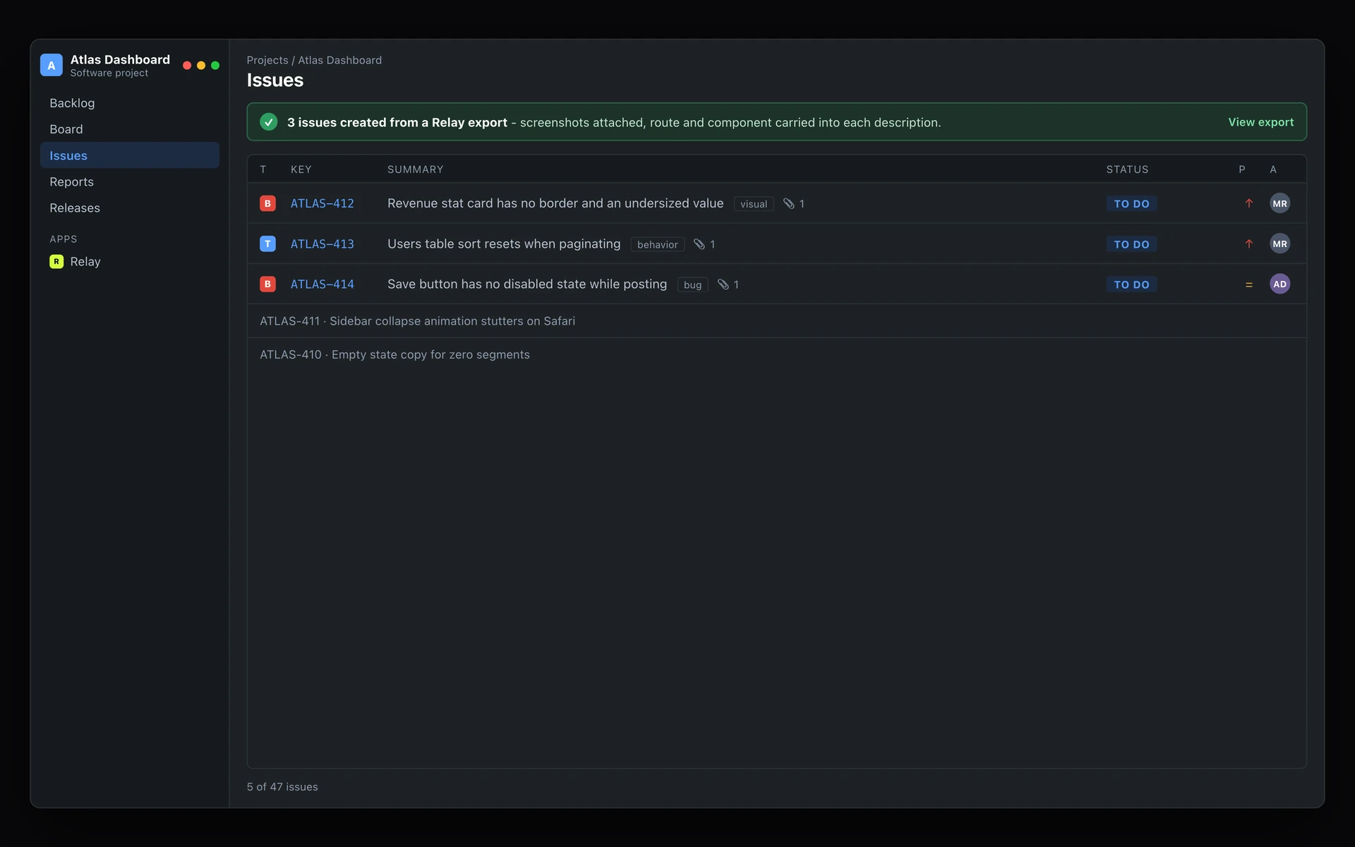 The same export turned into Jira issues: three new tickets in the Atlas Dashboard project, each typed, labelled and carrying its screenshot as an attachment.
