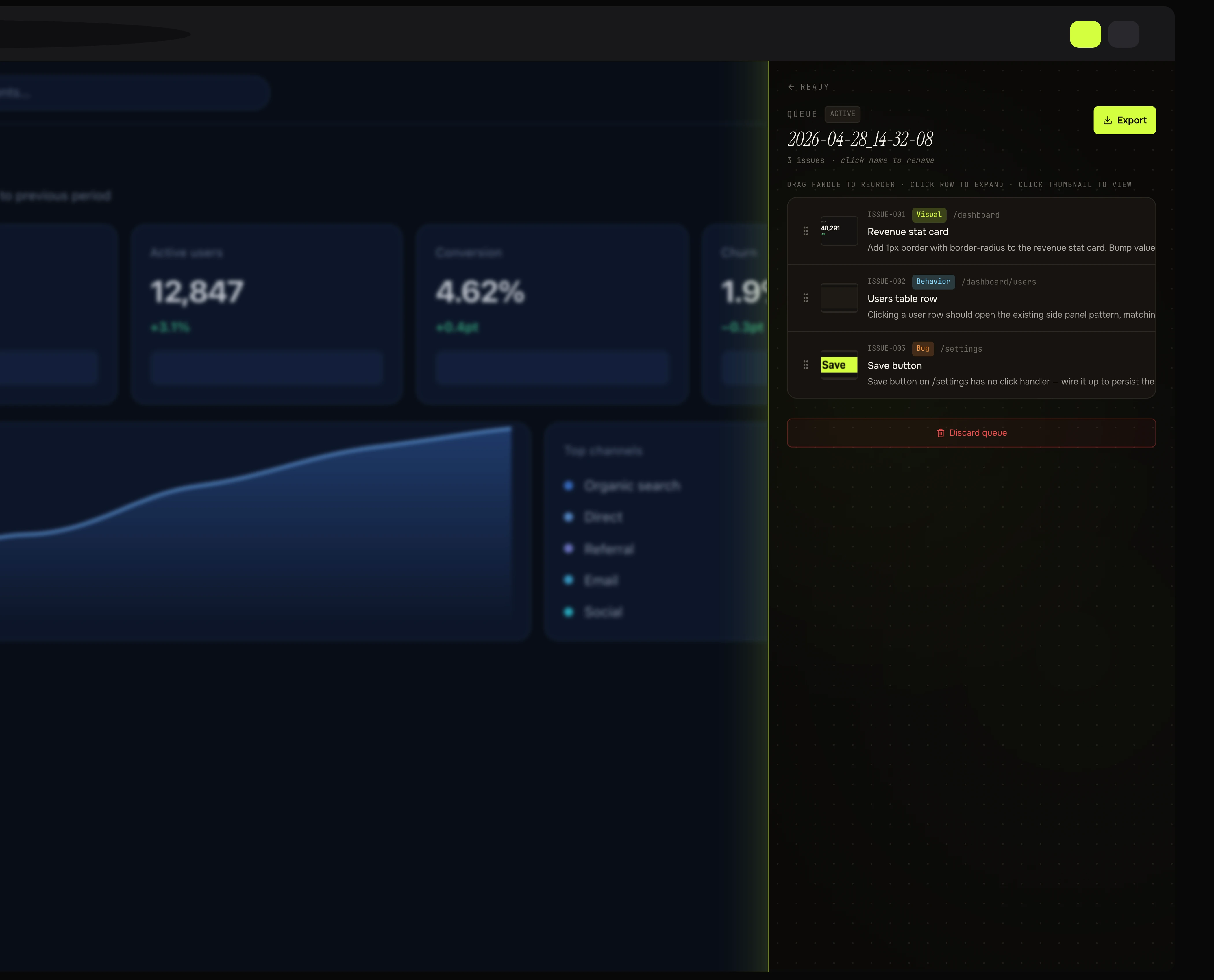 Relay's issue queue docked beside the app: captured issues tagged Visual, Behavior and Bug.