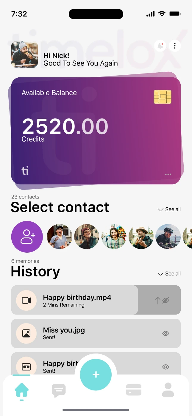 Timelox: a home screen with a greeting, a gradient credits balance card, a horizontal contact picker and a list of sent and in-progress messages.