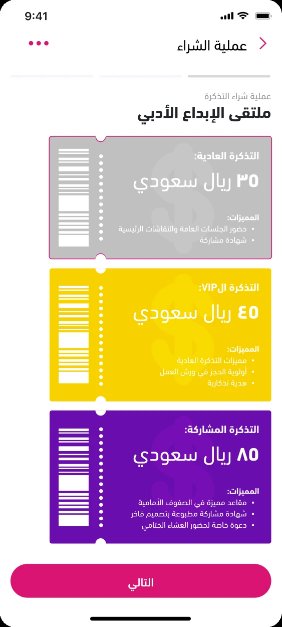 Tiers - three die-cut tickets, compared side by side.